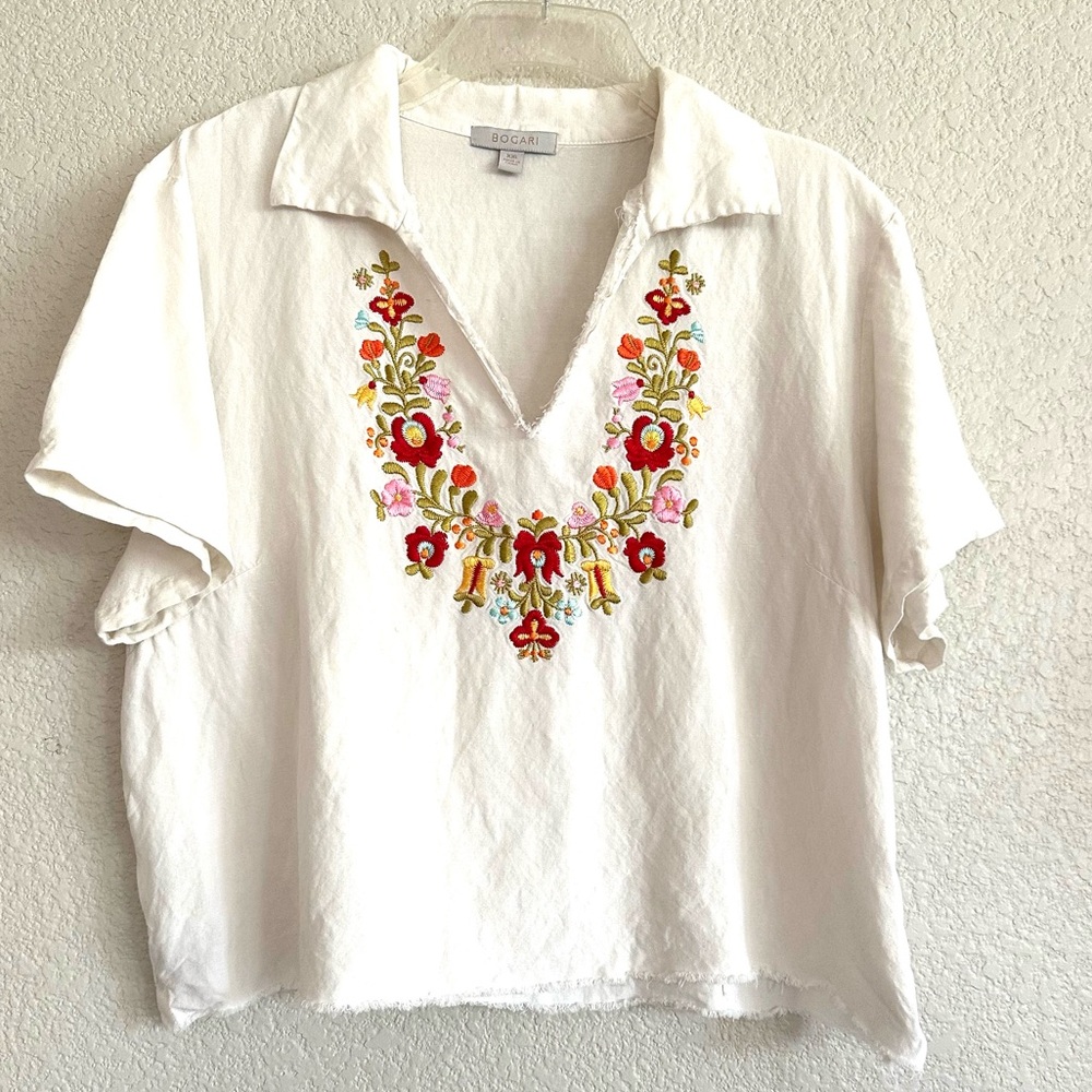 Bogari Floral Embroidered White Linen Top